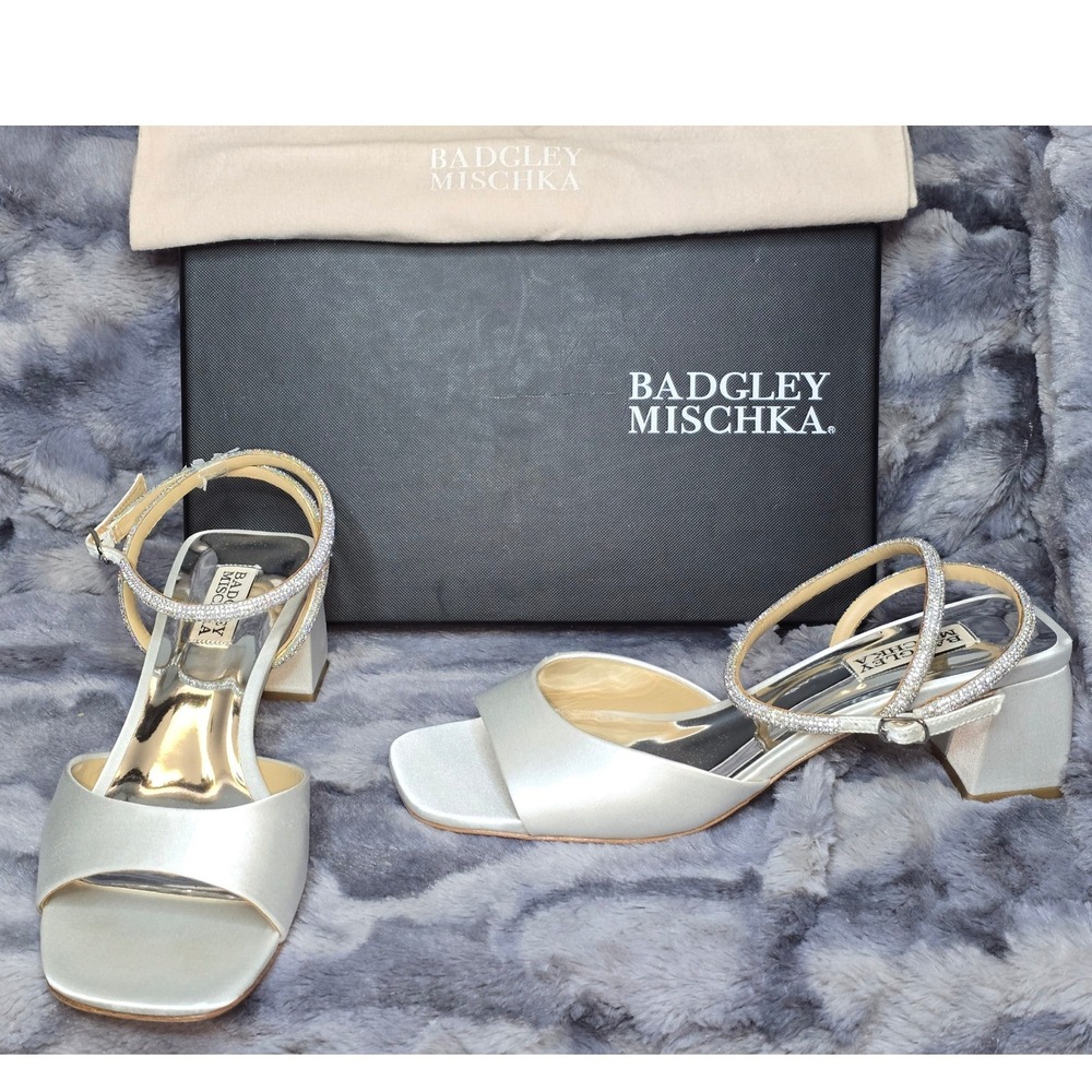 Badgley Mischka Silver Satin Block Heel Sandals with Rhinestone Straps